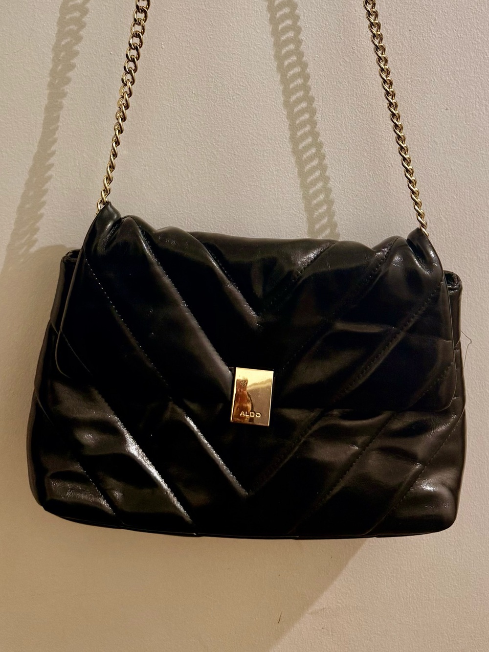 Aldo Black Quilted Shoulder Bag with Gold Chain